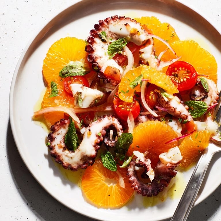 Deliciosa ensalada de pulpo y naranja lista para servir, guarnecida e invitando a probar.