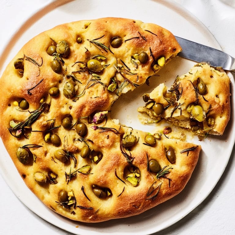 Receta de focaccia con aceitunas españolas y pistachos, apetitoso, espolvoreado con sal marina