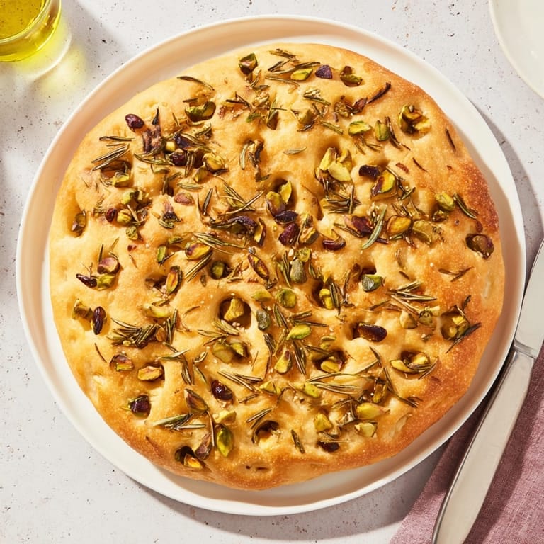 Pan focaccia brillante con aceitunas y pistachos crujientes; una delicia mediterránea aromática