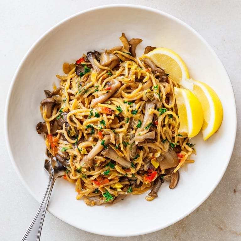 Cremosa y reconfortante Slow-Cooked Mushroom Fideuà, pasta dorada en caldo vegetal, lista para disfrutar.