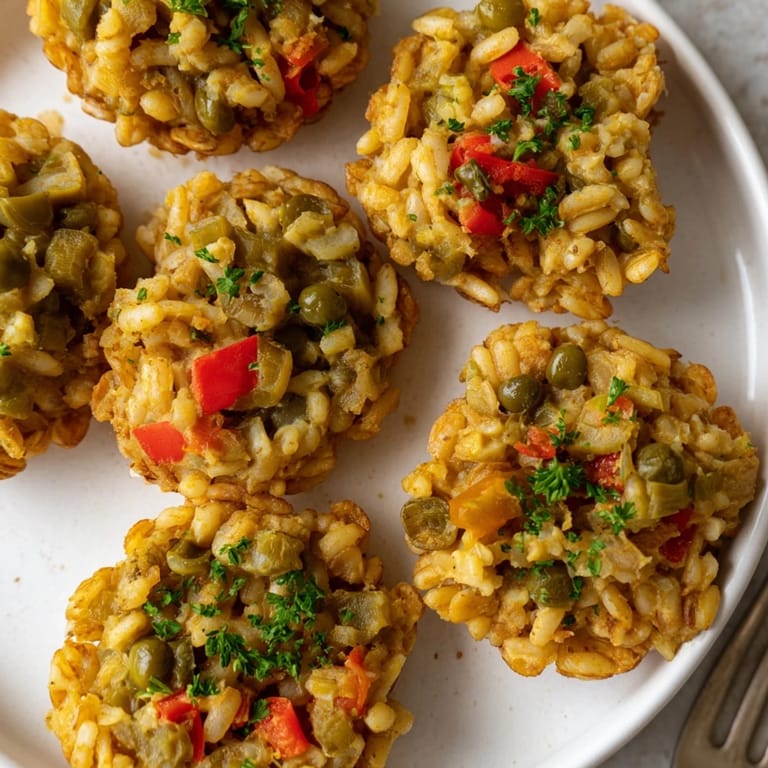 Delectable Pickle Paella Rice Cakes, garnished with parsley, perfect for gatherings.  
