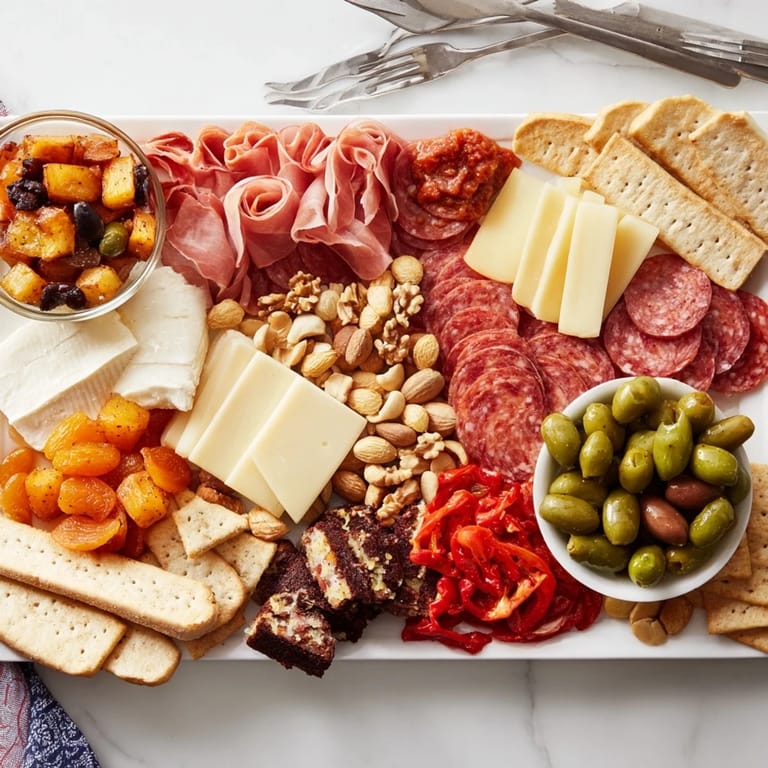 Indulge in a colorful spread of charcuterie with spicy Patatas Bravas and sweet brownies.  