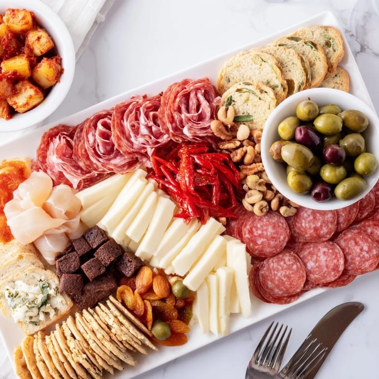 Stylishly arranged charcuterie board complemented by crispy Patatas Bravas and fudgy brownies.