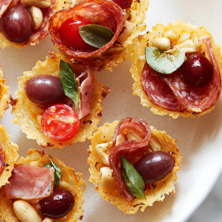 Bite-sized Manchego cracker cups, filled with rich meats and vibrant garnishes.