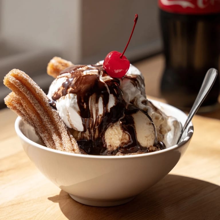 Crispy churros and creamy ice cream create the perfect Rebel Float Sundae treat.  