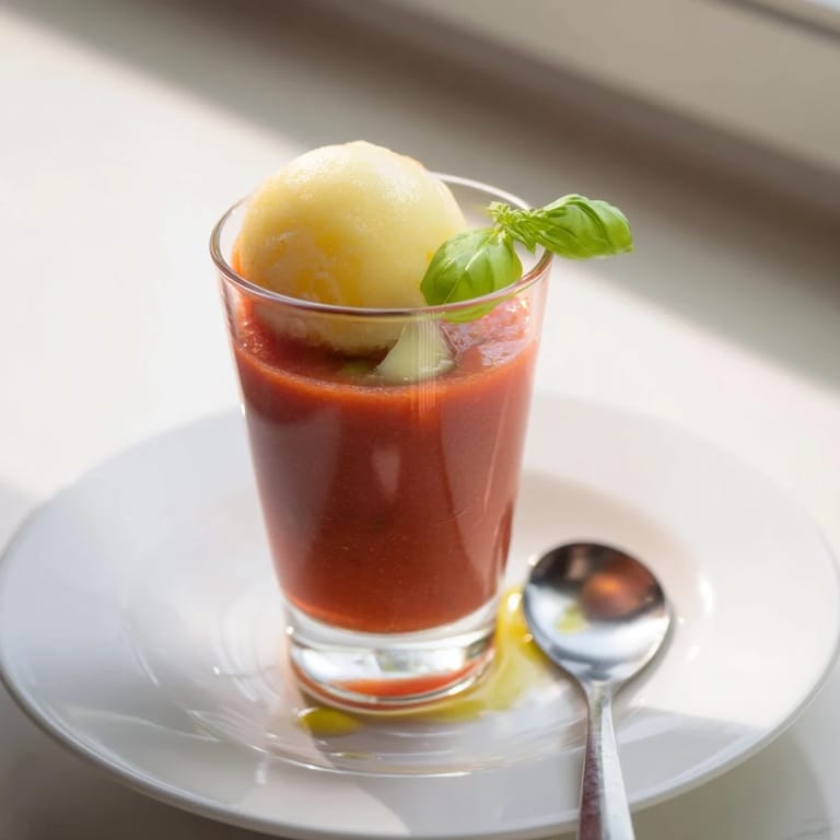 Chilled gazpacho shooters with fizzy lemon-lime soda and a sorbet scoop.