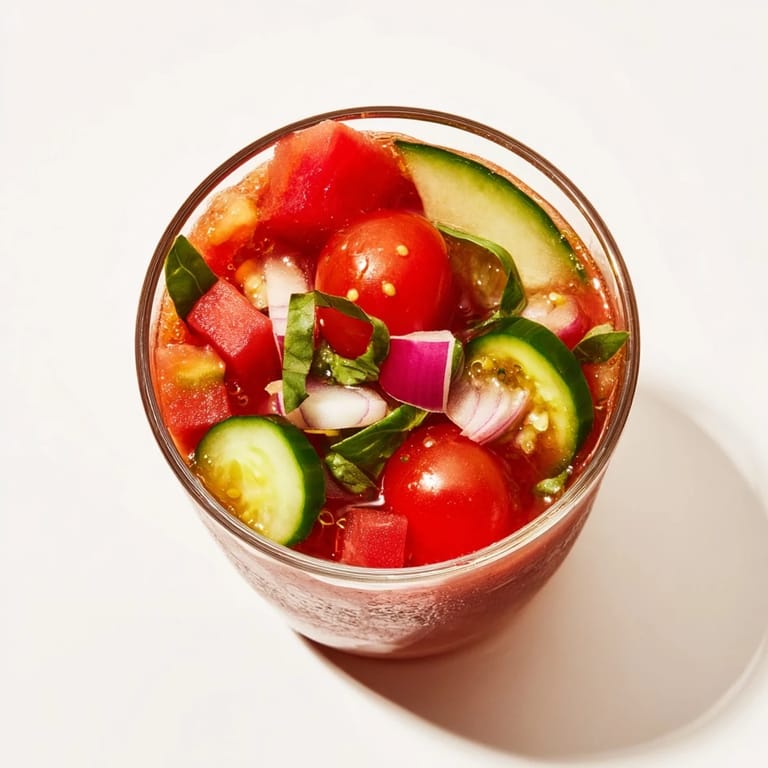 Delicioso gazpacho de tomate y sandía, ideal para una reunión al aire libre.