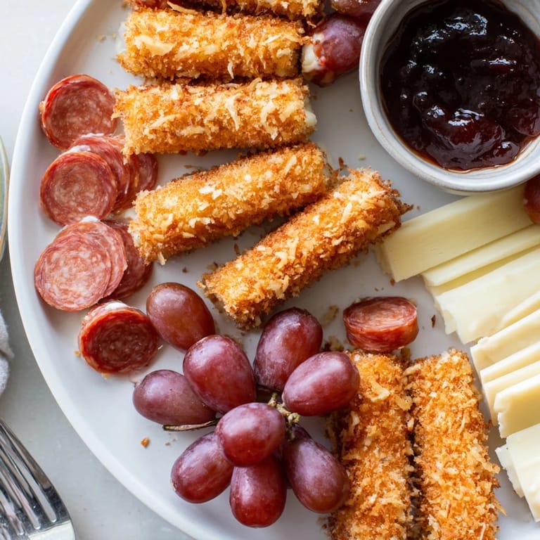 Dippers de torrija de almendras dorados servidos con jamón y uvas frescas.  