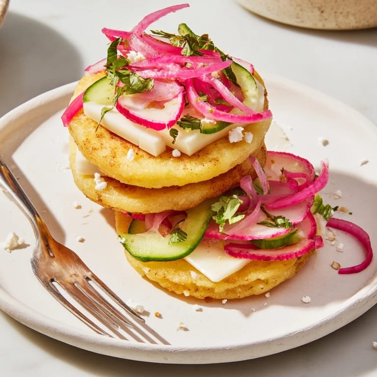 Deliciosas rebanadas de arepas rellenas de queso Manchego cremoso y verduras pickled.