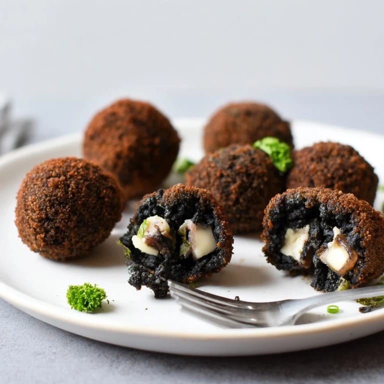 Deliciosas bolas de risotto de tinta de calamar, ideales para una cena elegante.