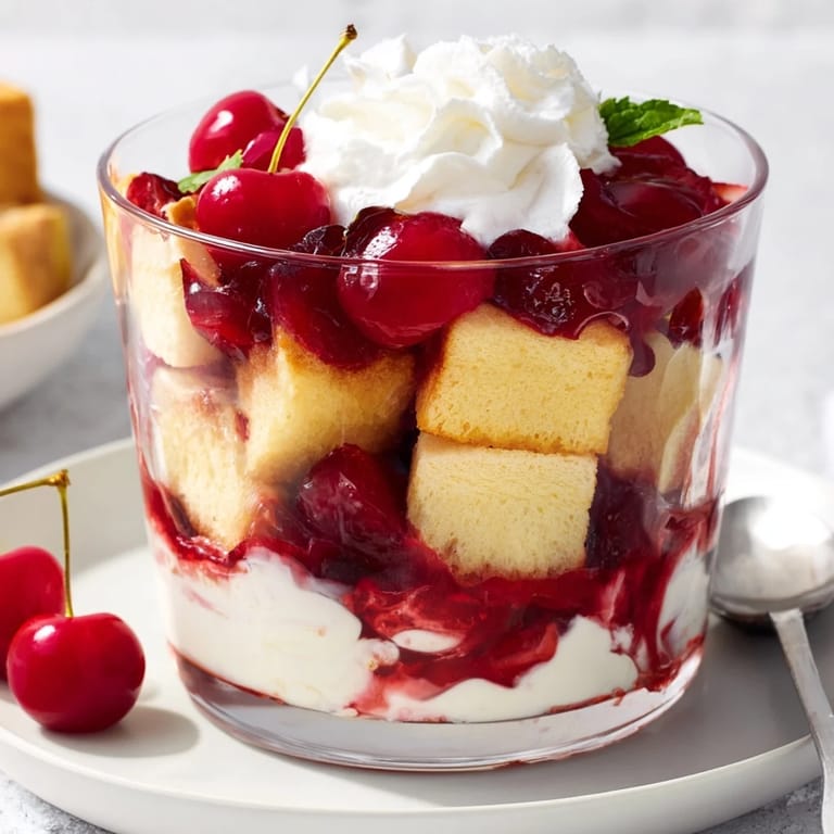 Capas suaves de flan de cereza decoradas con crema batida y cerezas frescas.