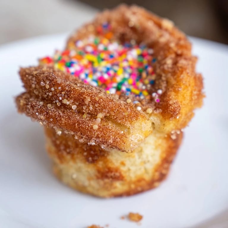 Deliciosos muffins de churro, con costra crujiente y un toque festivo de chispas.  