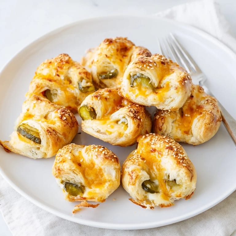 Deliciosos aperitivos de masa de hojaldre con pepinillos y especias para compartir.