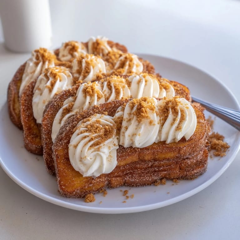 Torrijas de batido de jengibre, decoradas con crema batida y galletas especiadas.  