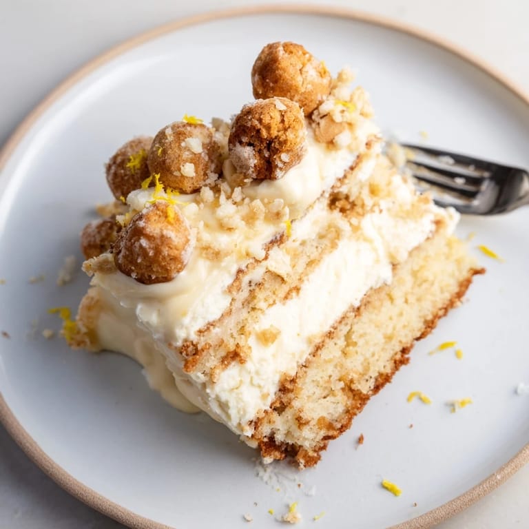 Corte de Tarta de Santiago cubierto con rica custard de eggnog y croutons.