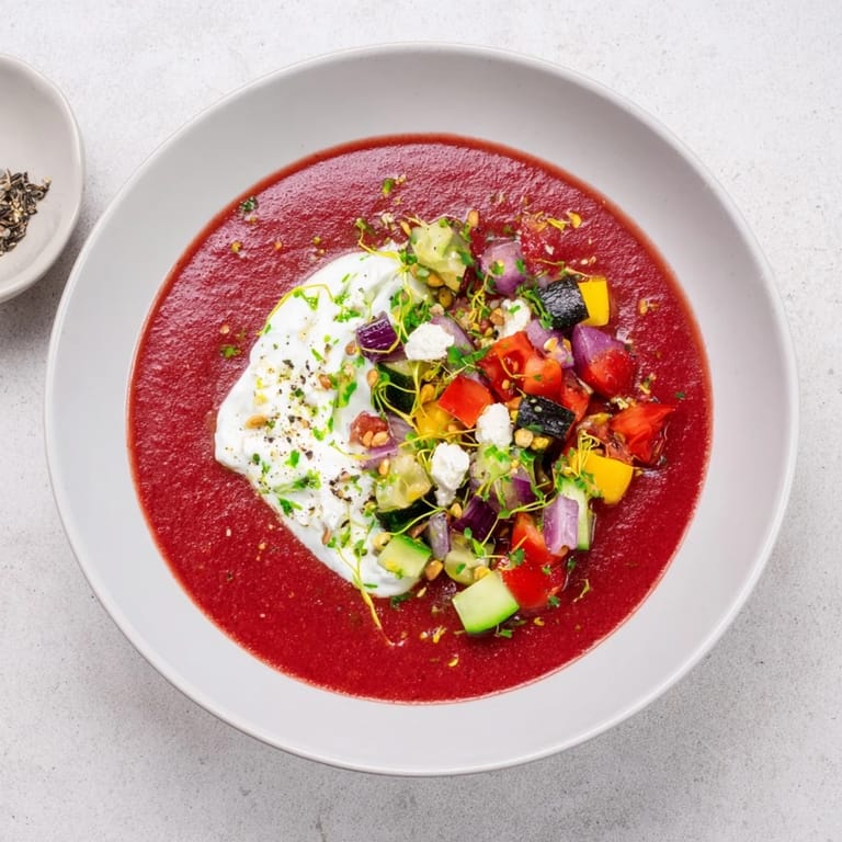 Delicioso Gazpacho Festivo con una flotación herbácea y coloridos ingredientes frescos.  