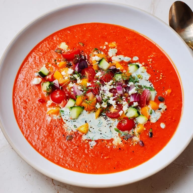 Sopa fría Gazpacho Festivo, adornada con yogurt y vegetales crujientes vibrantes.