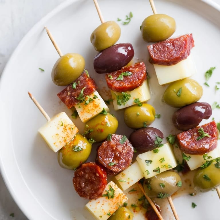 Exquisitas brochetas de aceitunas y chorizo, ideales para compartir en fiestas.  