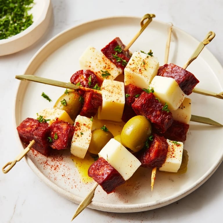 Apétitosas brochetas de queso Manchego, perfectas para una noche de tapas.