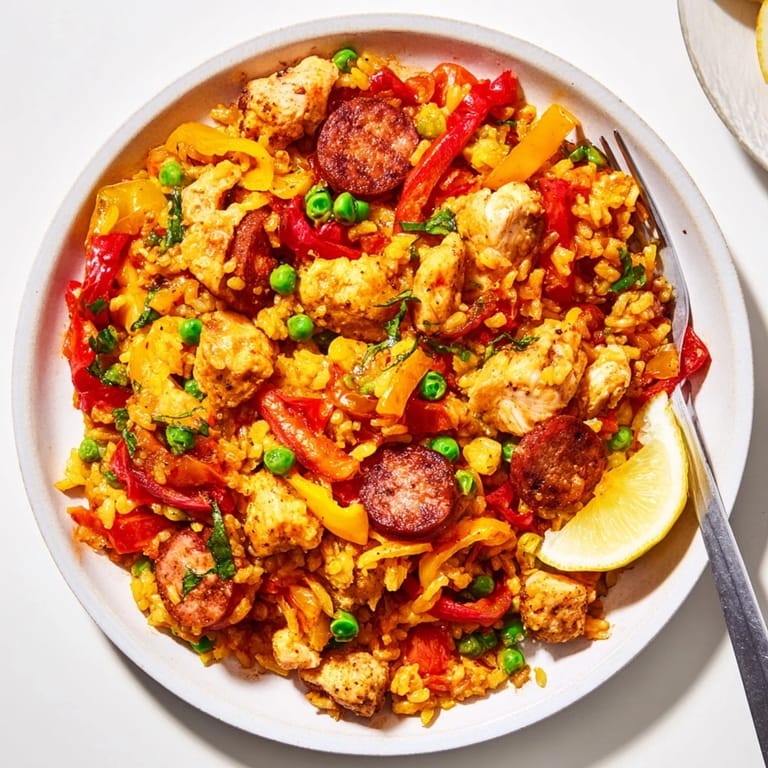 Paella de pollo y chorizo decorada con limón y perejil fresco, excelente para compartir.  
