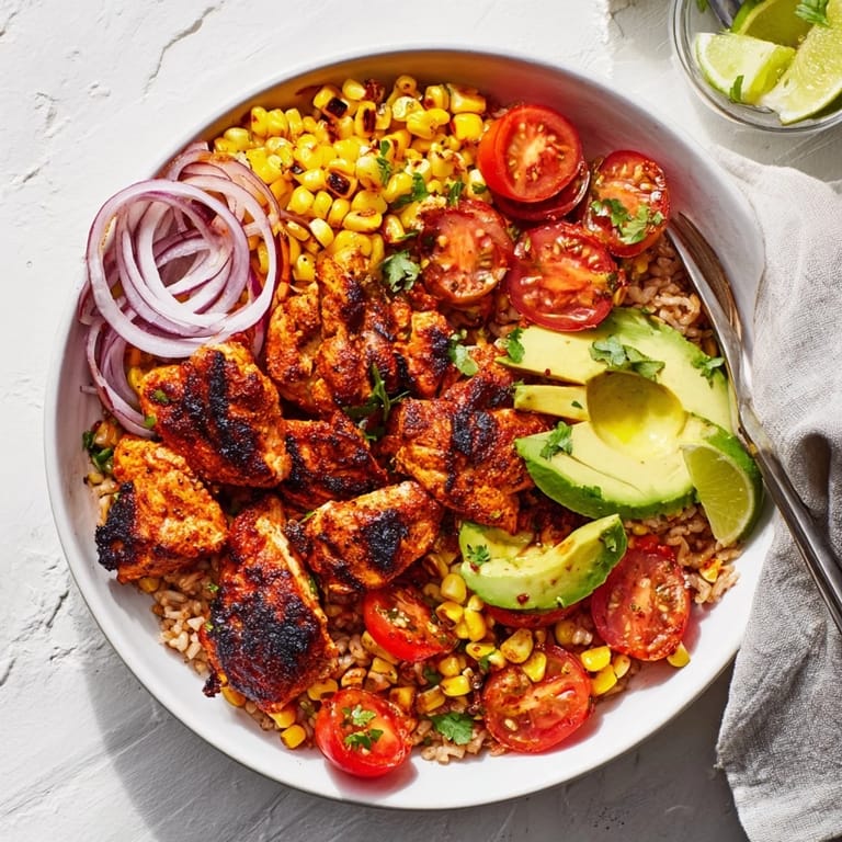 Tazón vibrante de pollo picante al pimentón y maíz dulce asado.  