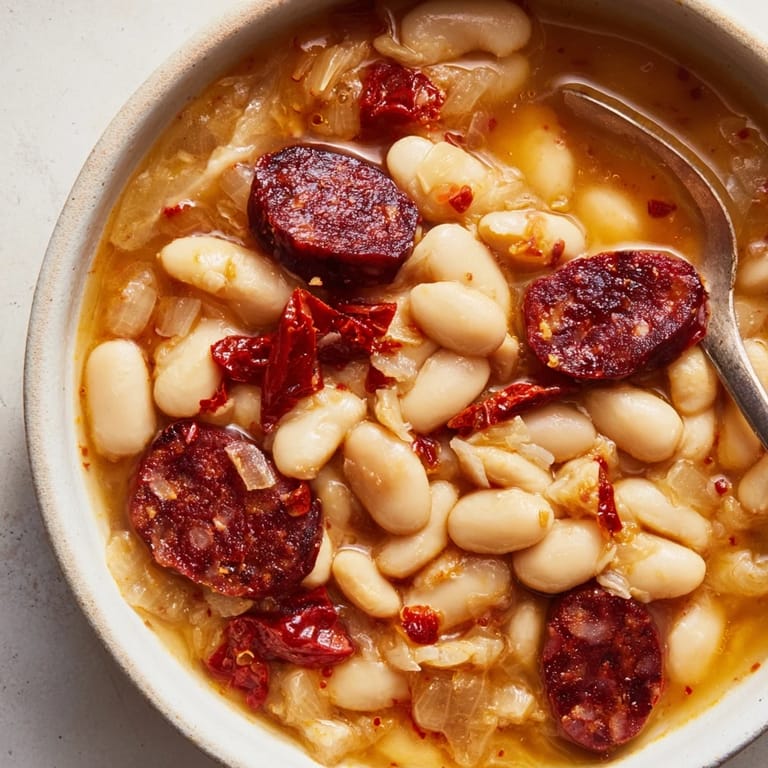 Fabada reconfortante en cuencos, perfecta con pan rústico al lado.  