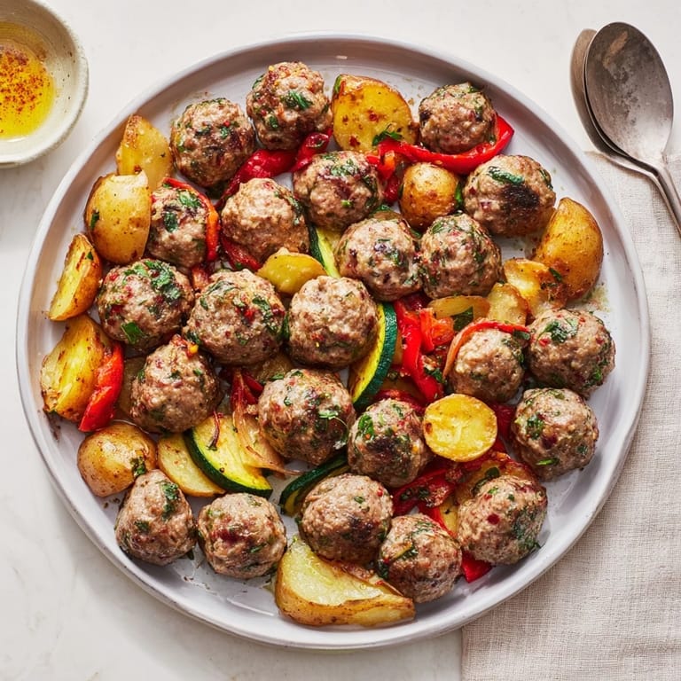 Fáciles albóndigas españolas asadas en una bandeja, acompañadas de vegetales frescos.