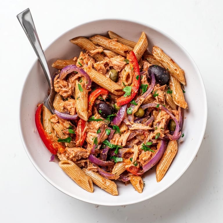 Deliciosa combinación de pasta, atún y pimientos rojos asados en un tazón vibrante.