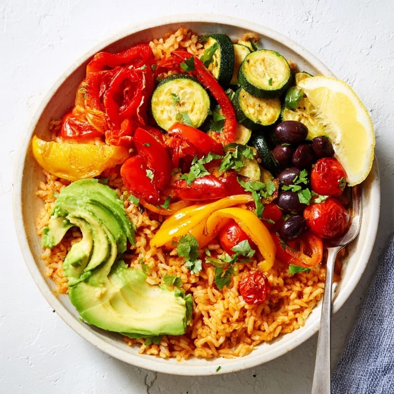 Deliciosos tazones de arroz español con ingredientes frescos y un toque de limón.