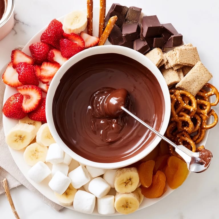 Plato de chocolate caliente con fruta fresca y galletas para compartir.  