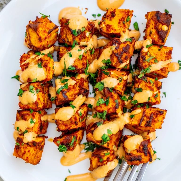 Apetitosas Patatas Bravas de batata, ideales como aperitivo con una bebida refrescante.