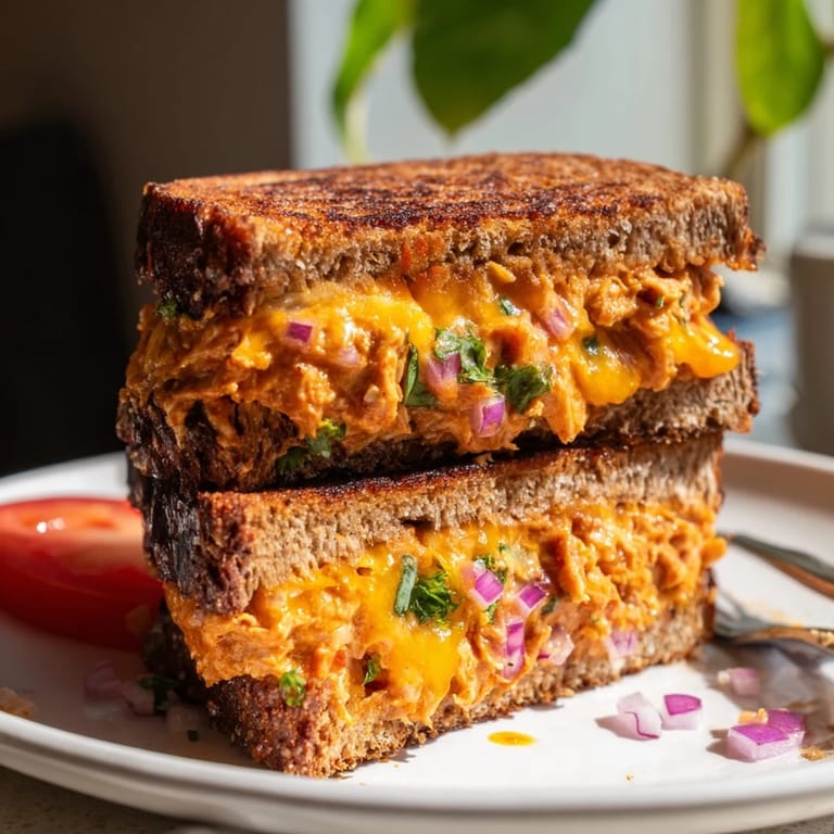 Sándwich crujiente de atún picante y queso derretido para el almuerzo.  