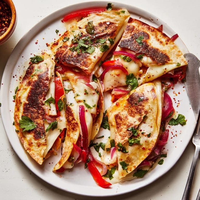 Deliciosas quesadillas de manchego servidas con guacamole y salsa picante al lado.  