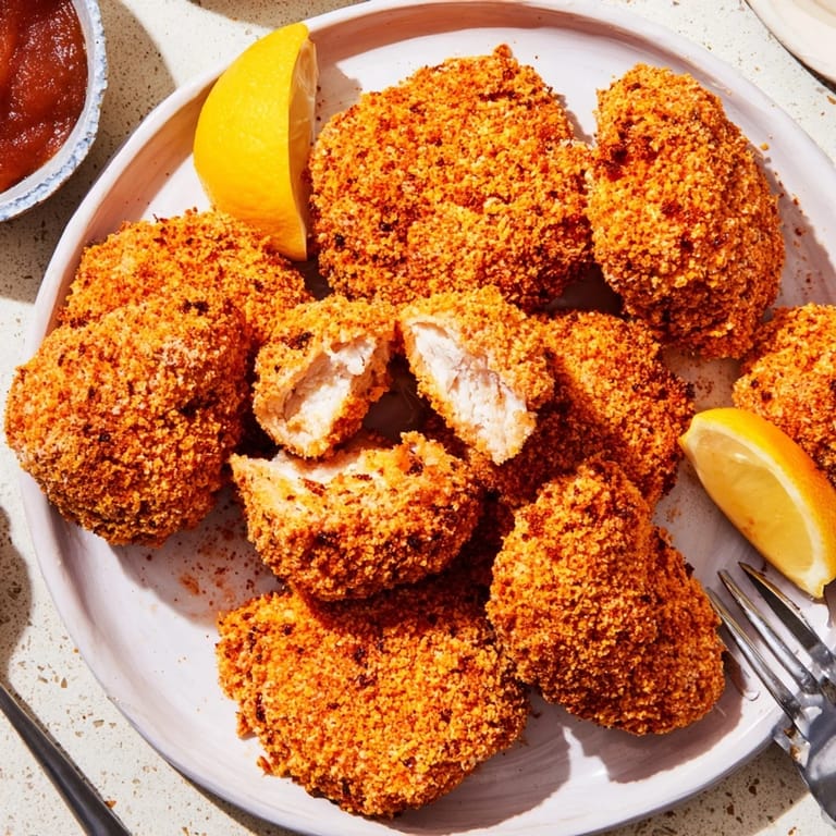 Pollo rebozado con pimentón ahumado, ideal como aperitivo o plato principal.