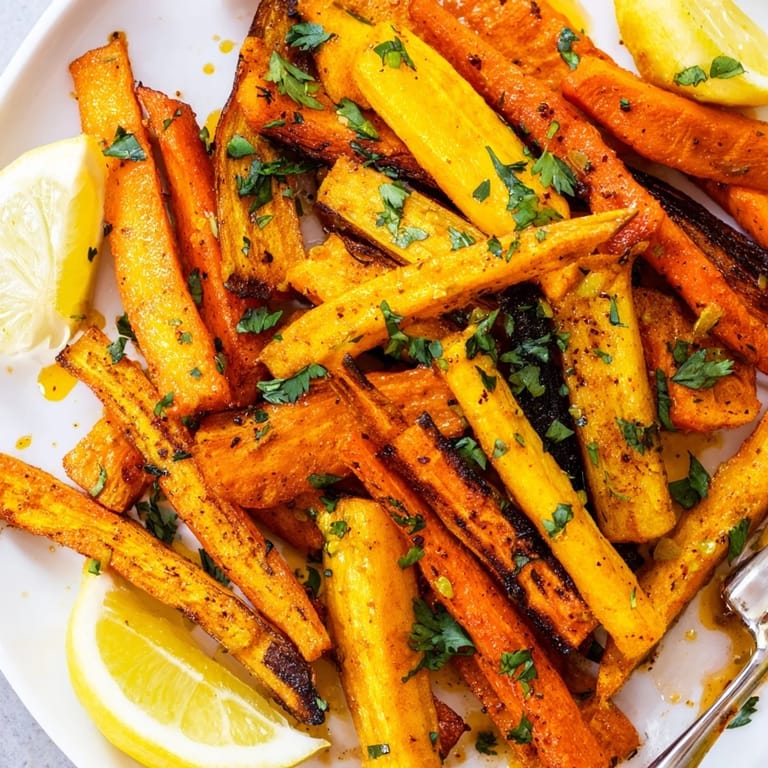 Deliciosas papas fritas de zanahoria y batata con azafrán en cada bocado.
