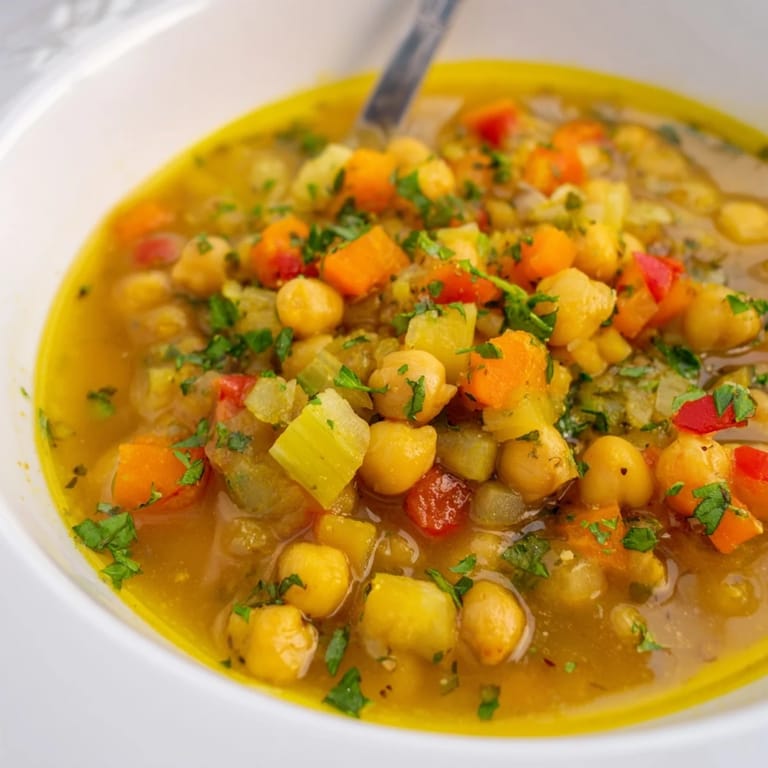 Estofado dorado de garbanzos con verduras aromáticas, perfecto para compartir.  