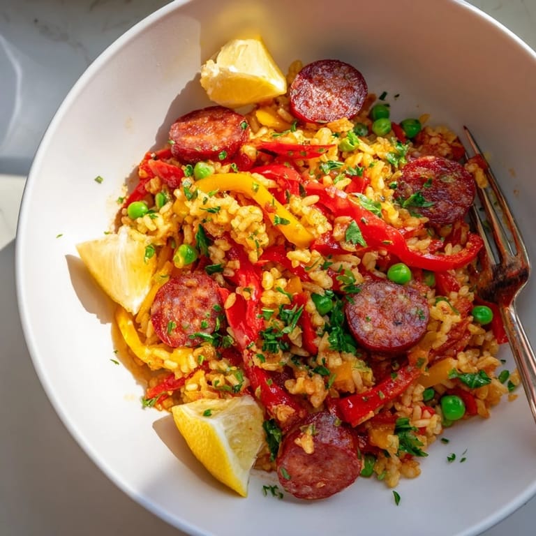 Deliciosa paella de chorizo y pimientos cocinada con caldo y especias fragantes.