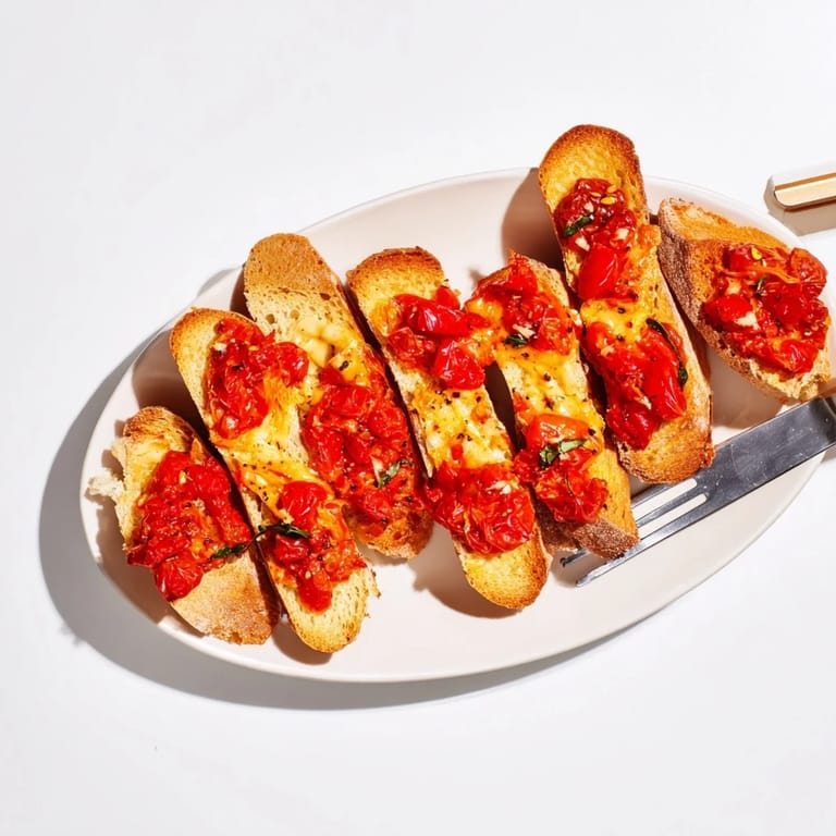 Crostini de tomate con queso manchego, perfectos para una fiesta mediterránea.  