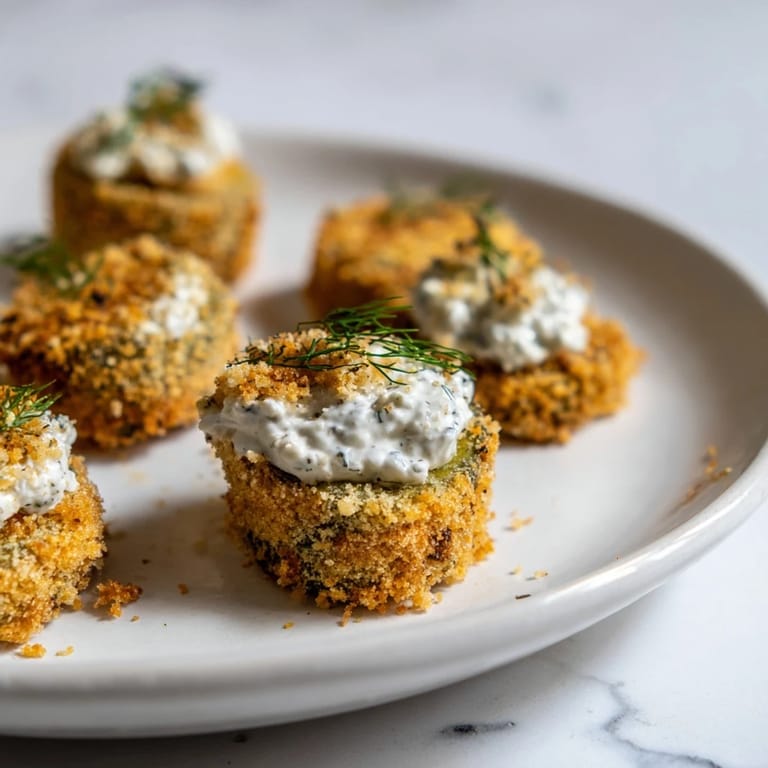A close-up of the flavorful, golden-brown Fried Pickle and Anise Dip with fresh dill garnish.