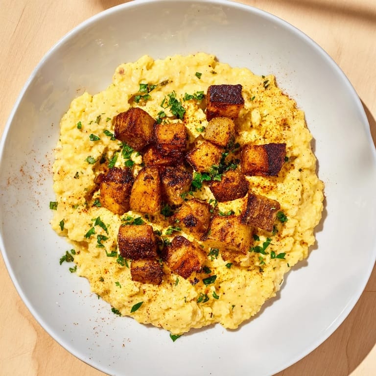 A close-up shot of a chaotic and rustic Tortilla Española, bursting with flavorful potatoes.