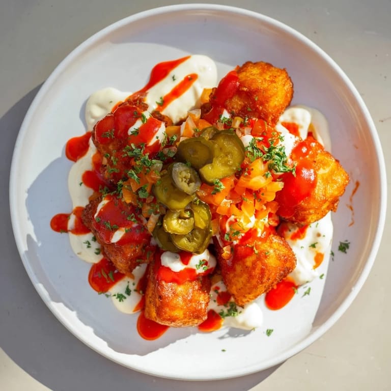 Golden and crispy Chaotic Patatas Bravas, Spanish fried potatoes, topped generously with pickles and aioli.