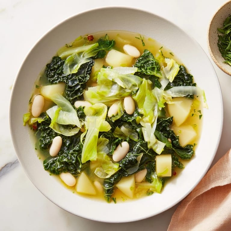 Enjoy the pure flavors of Caldo Gallego Moderno, a Spanish soup with white bowls and simple elegance.