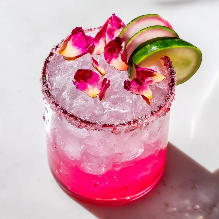 Close-up of a Pink Pickle Margarita, showcasing the floral garnish and the pink hue.