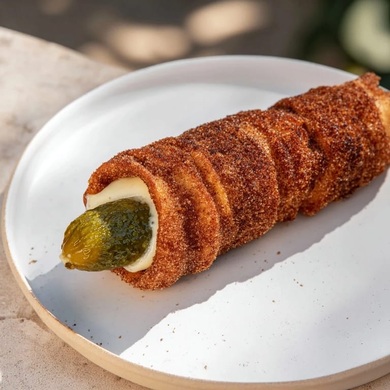 Golden fried churro filled with cheese and pickles, waiting to be dipped in spicy mayo, ready to eat.
