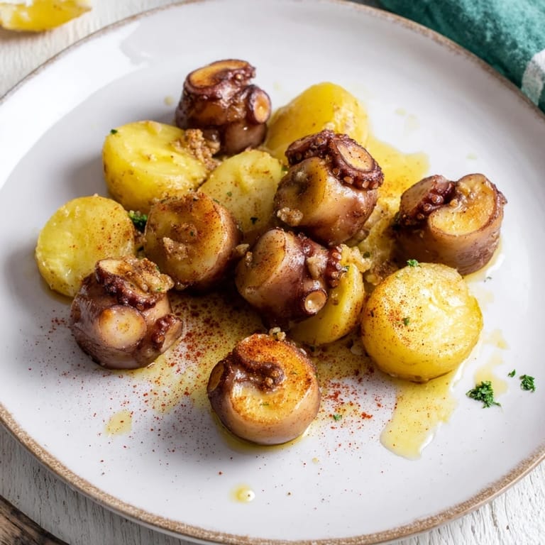 Close-up of golden paprika-dusted Pulpo a la Gallega, showcasing tender octopus and potato rounds.