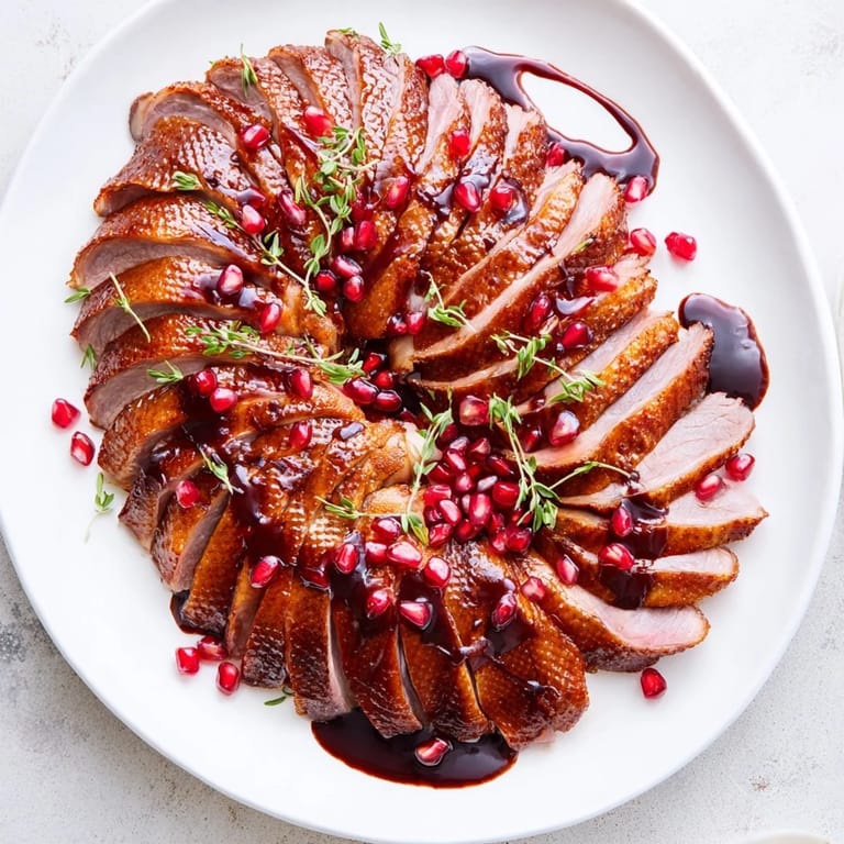 Tender roasted duck breast, cooked to perfection, elegantly drizzled with pomegranate sauce.