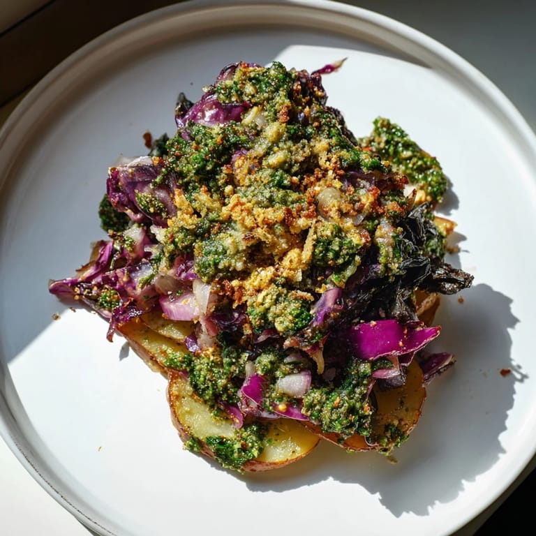 Tender red cabbage layers in this Spiced Red Cabbage Bake with salsa verde, a vegetarian delight.