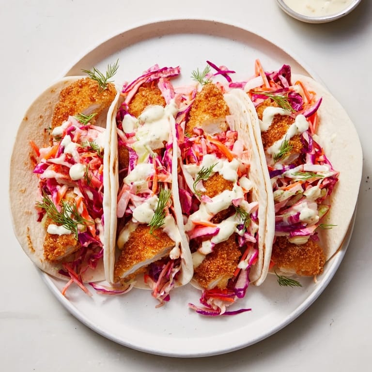 Tender pork schnitzel tacos, overflowing with tangy sauerkraut and creamy mustard sauce.