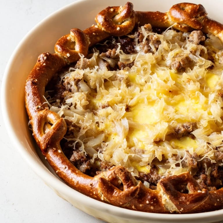 A close-up of a steaming Bratwurst & Sauerkraut Pie, showcasing the pretzel crust's texture.