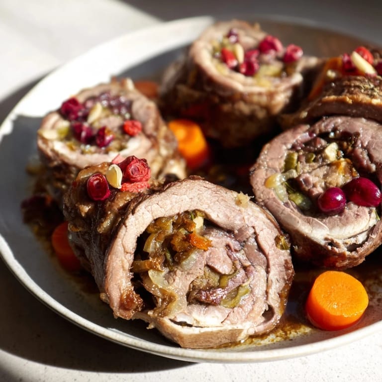 Close-up of savory Braised Beef Roulades, showcasing the rich goji berry gravy and tender beef.